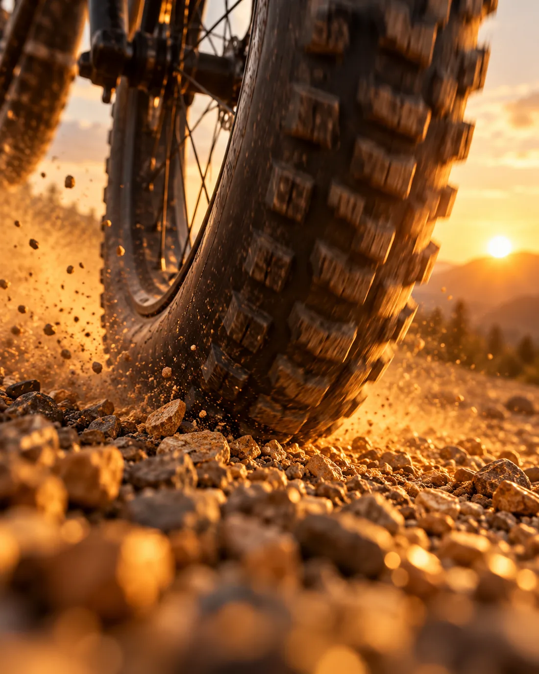 A wide e-bike tire rolling over gravel at sunset