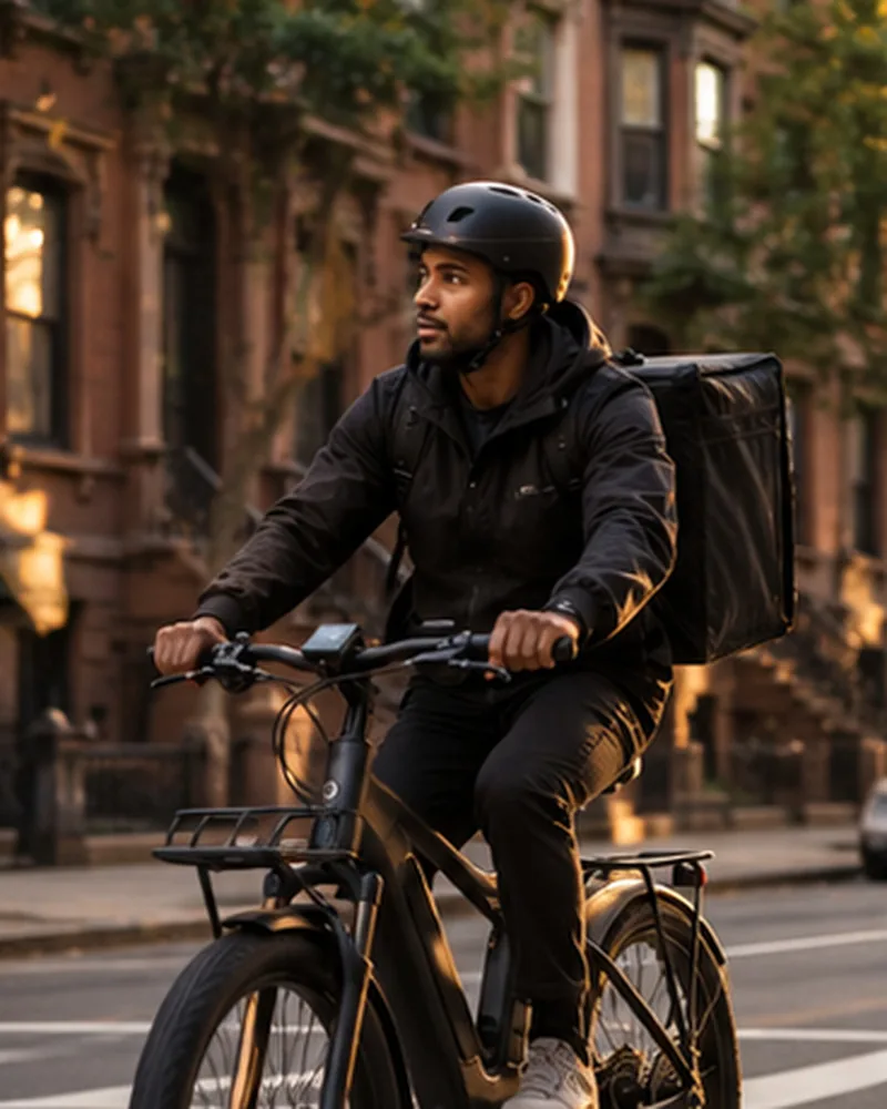 A delivery rider on an electric bike on a city street