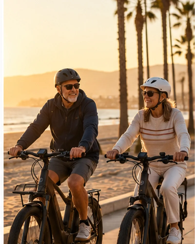 A couple riding electric bikes along a beach path at sunset