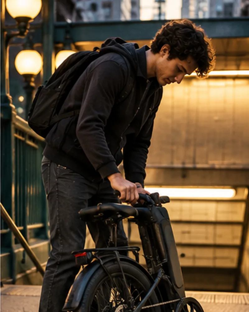 A student with an electric bike at a city station entrance
